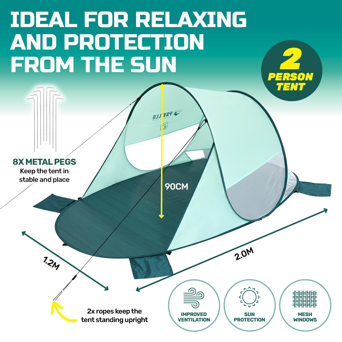 Bestway 2m x 1.2m Beach Tent for two people, featuring UV protection, mesh windows, and a carry bag, ideal for outdoor activities.